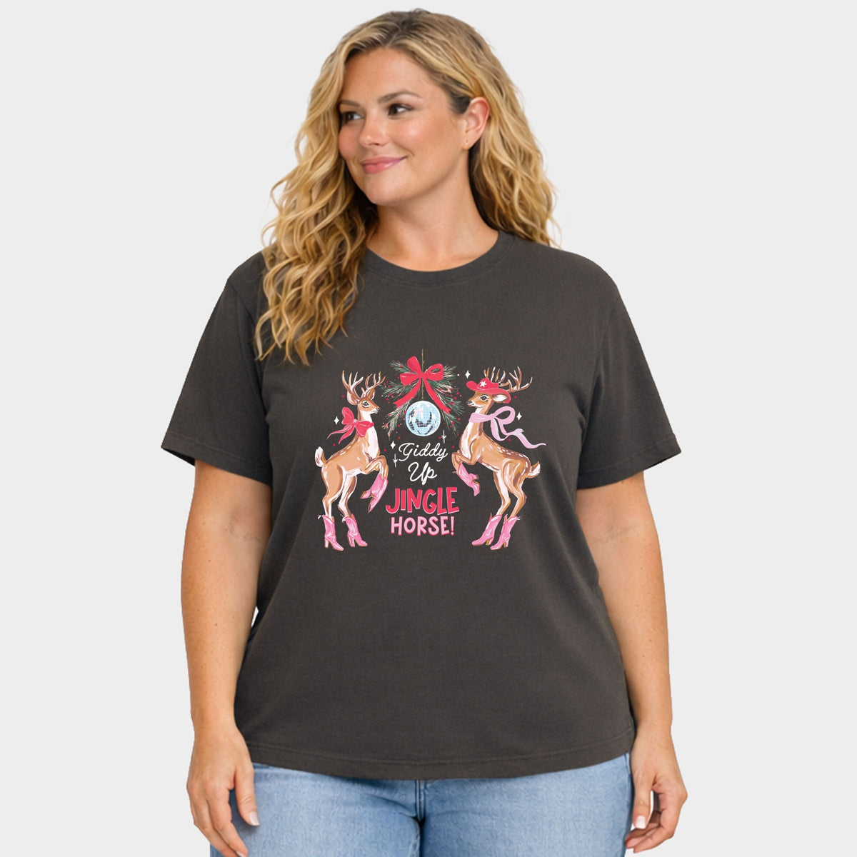 Giddy Up Jingle Horse Reindeer - Women's Plus Garment Dyed Tee