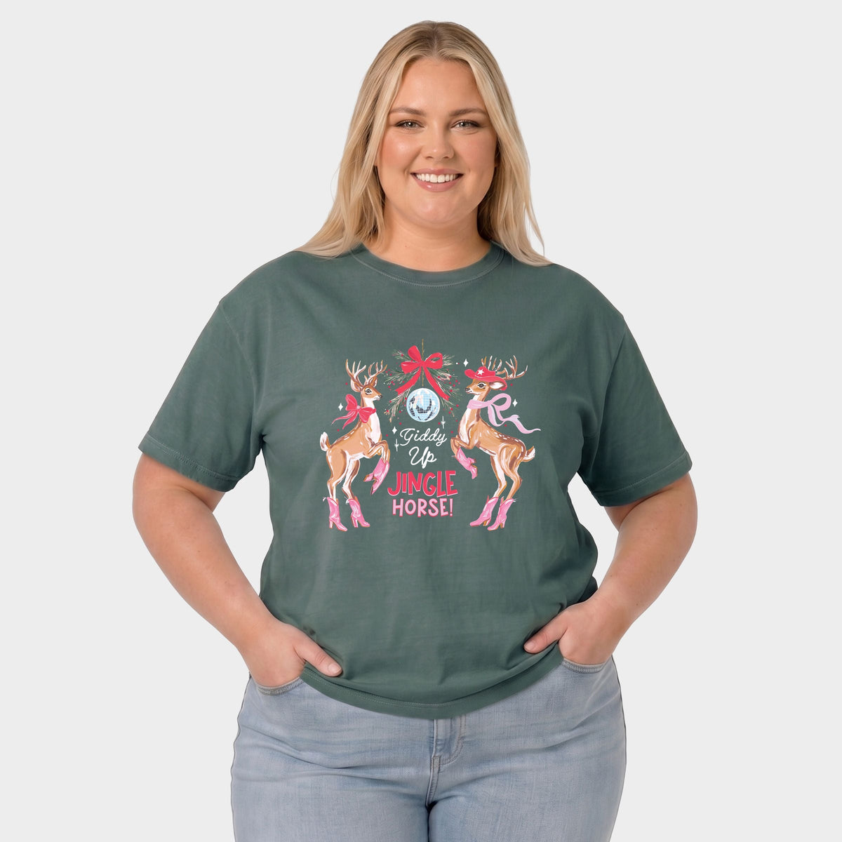 Giddy Up Jingle Horse Reindeer - Women's Plus Garment Dyed Tee