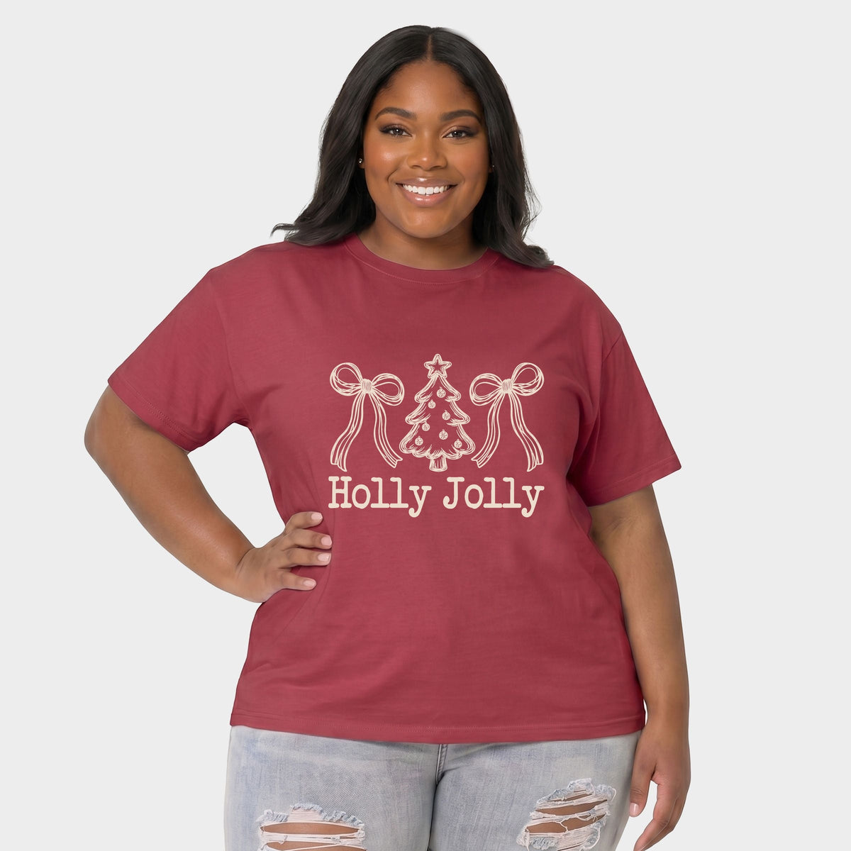 Holly Jolly Bow Sketched - Women's Plus Garment Dyed Tee