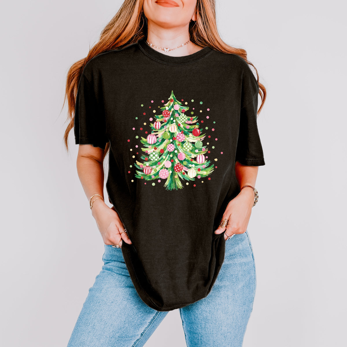 Christmas Tree Polka Dots - Women's Garment Dyed Graphic T-Shirt
