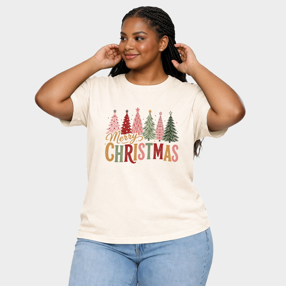 Merry Christmas Six Trees - Women's Plus Garment Dyed Tee