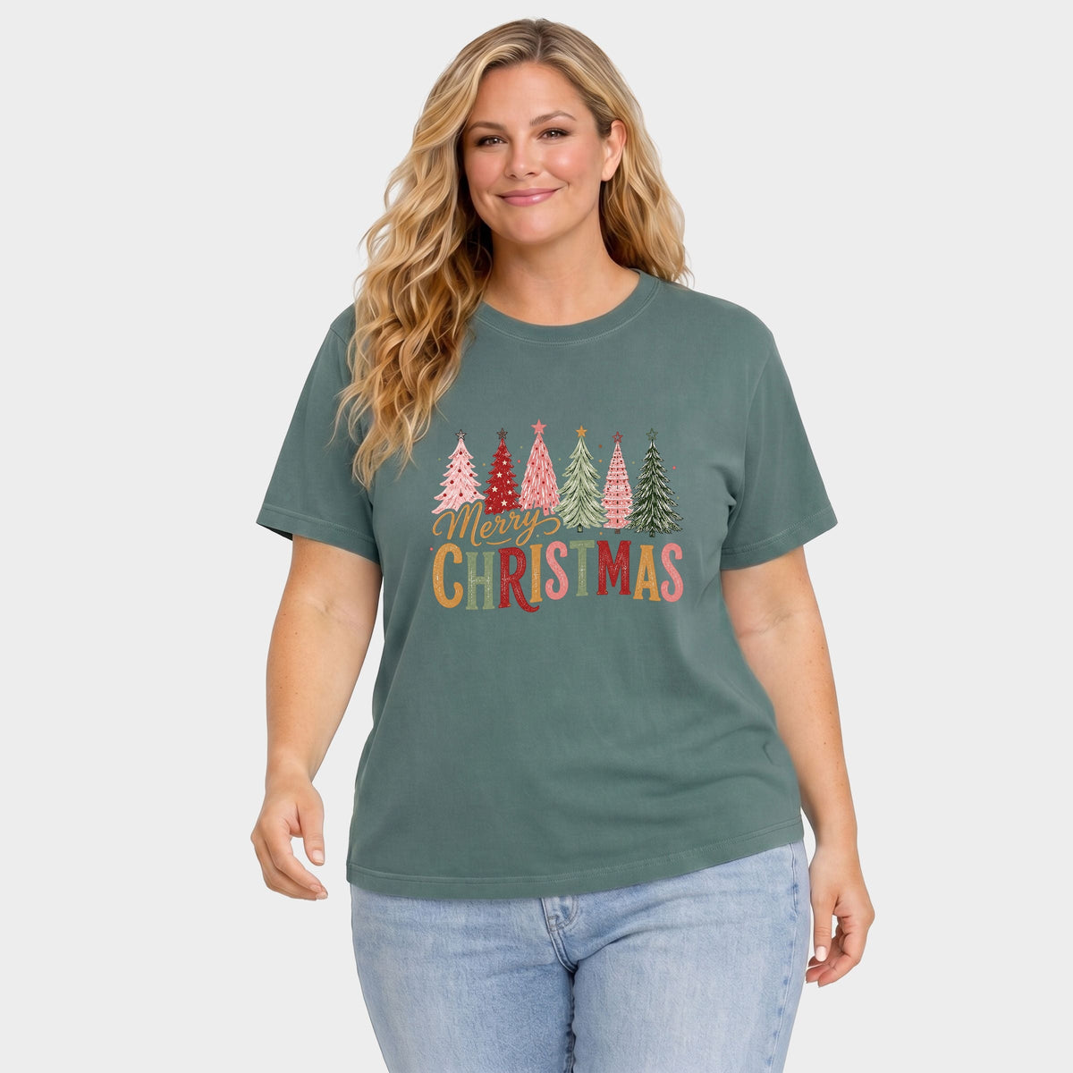 Merry Christmas Six Trees - Women's Plus Garment Dyed Tee