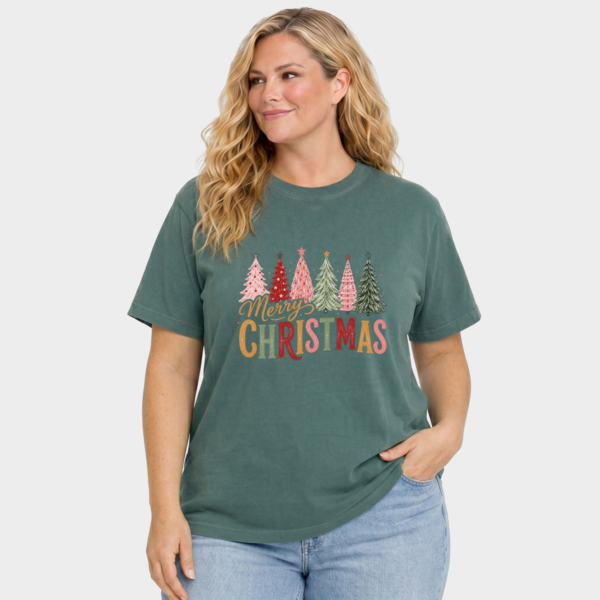 Merry Christmas Six Trees - Women's Plus Garment Dyed Tee