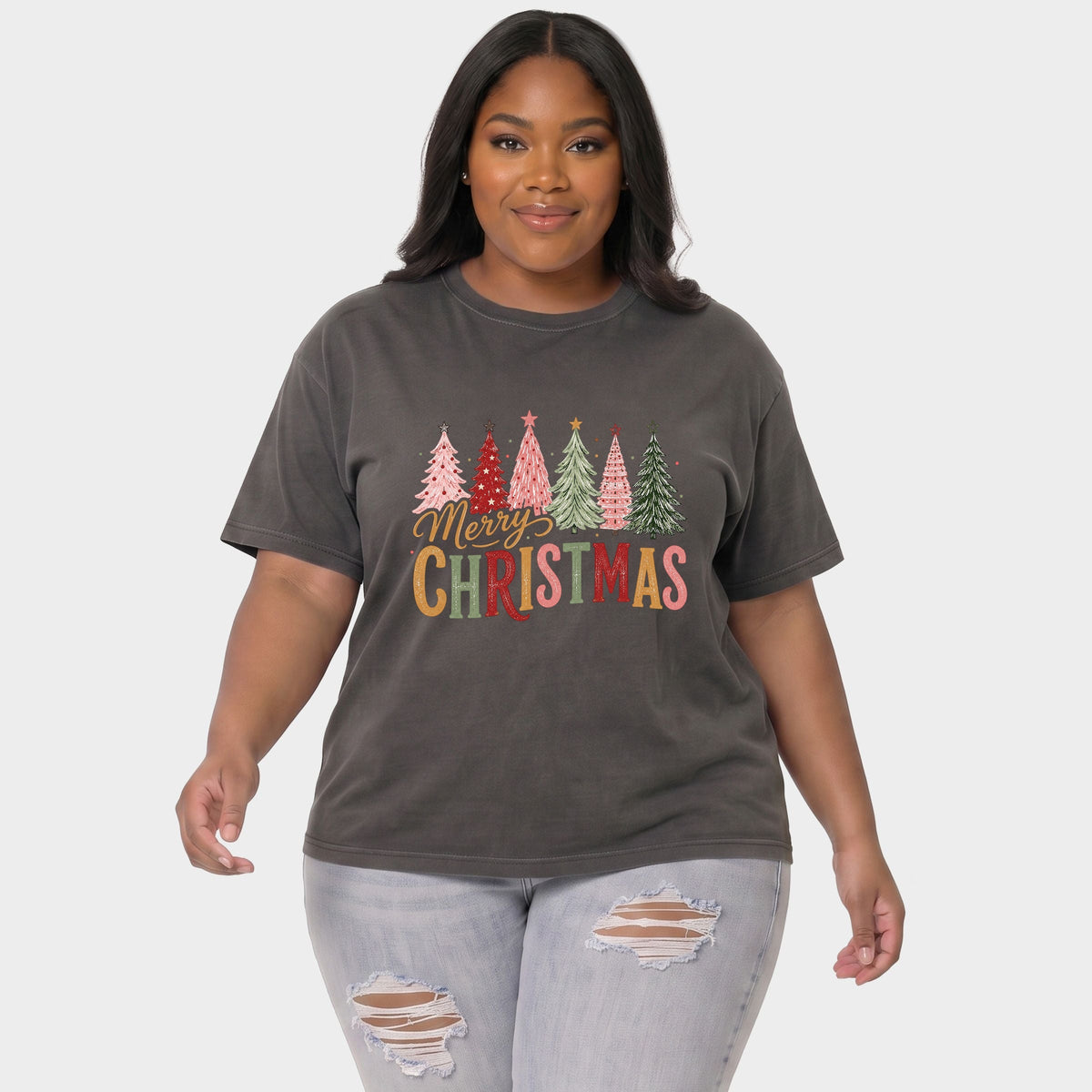 Merry Christmas Six Trees - Women's Plus Garment Dyed Tee
