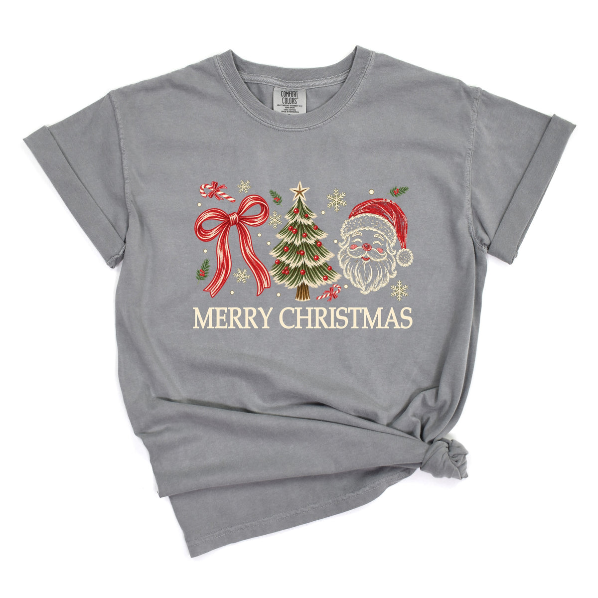 Merry Christmas Bow Tree Santa - Women's Garment Dyed Graphic T-Shirt