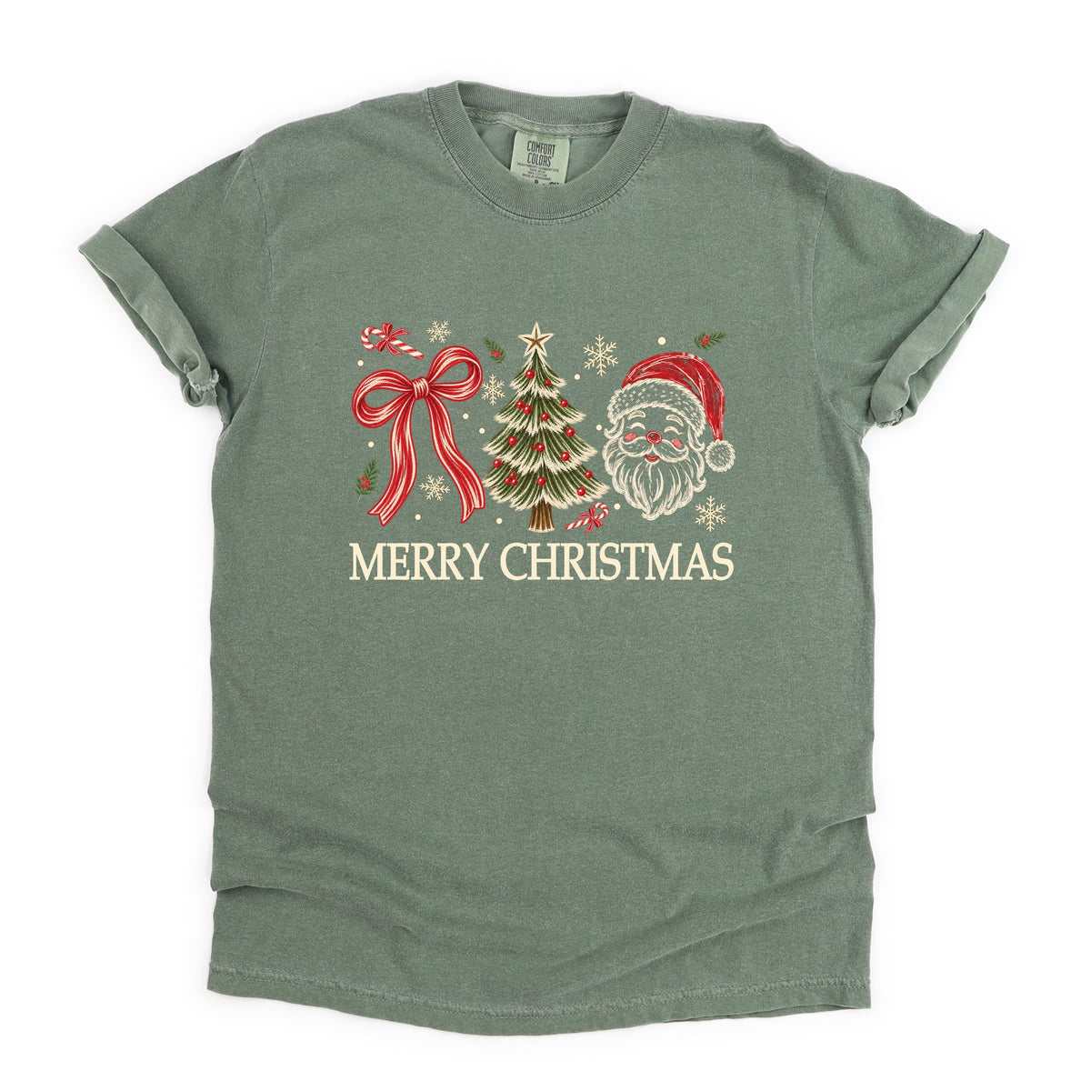 Merry Christmas Bow Tree Santa - Women's Garment Dyed Graphic T-Shirt