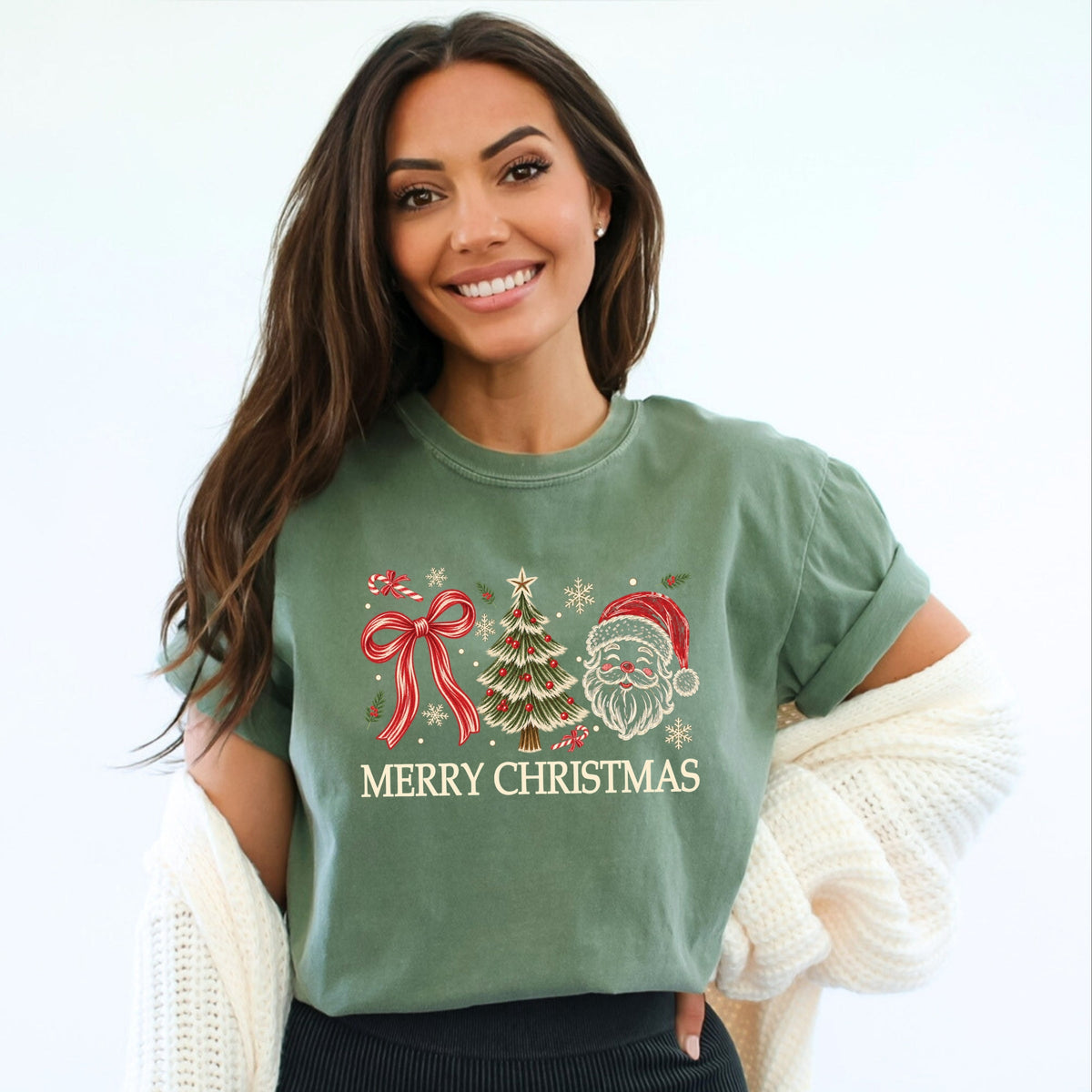 Merry Christmas Bow Tree Santa - Women's Garment Dyed Graphic T-Shirt