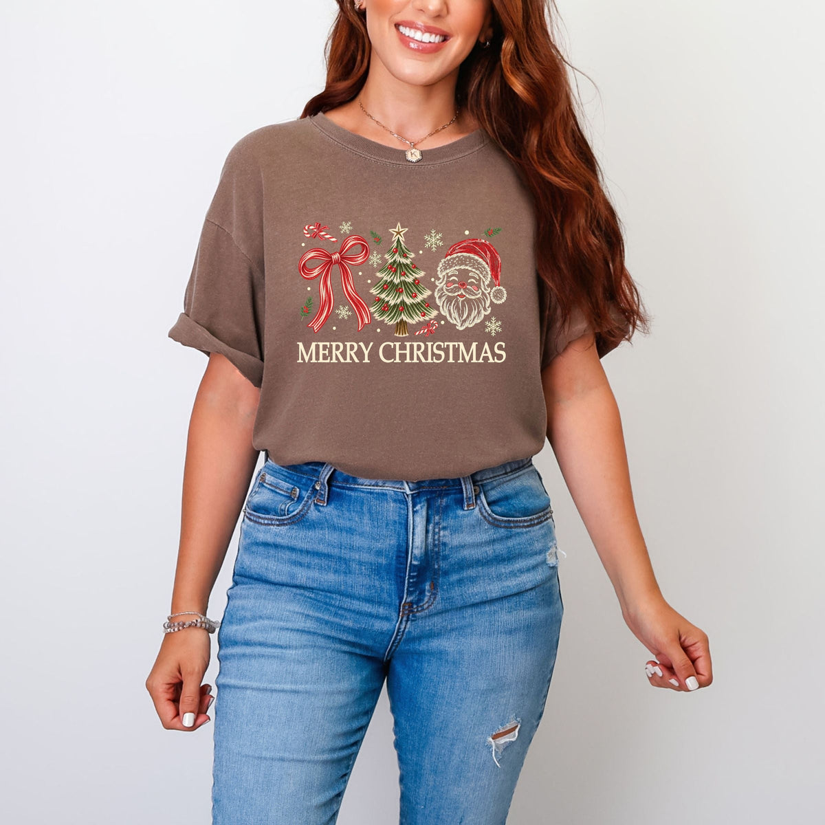 Merry Christmas Bow Tree Santa - Women's Garment Dyed Graphic T-Shirt