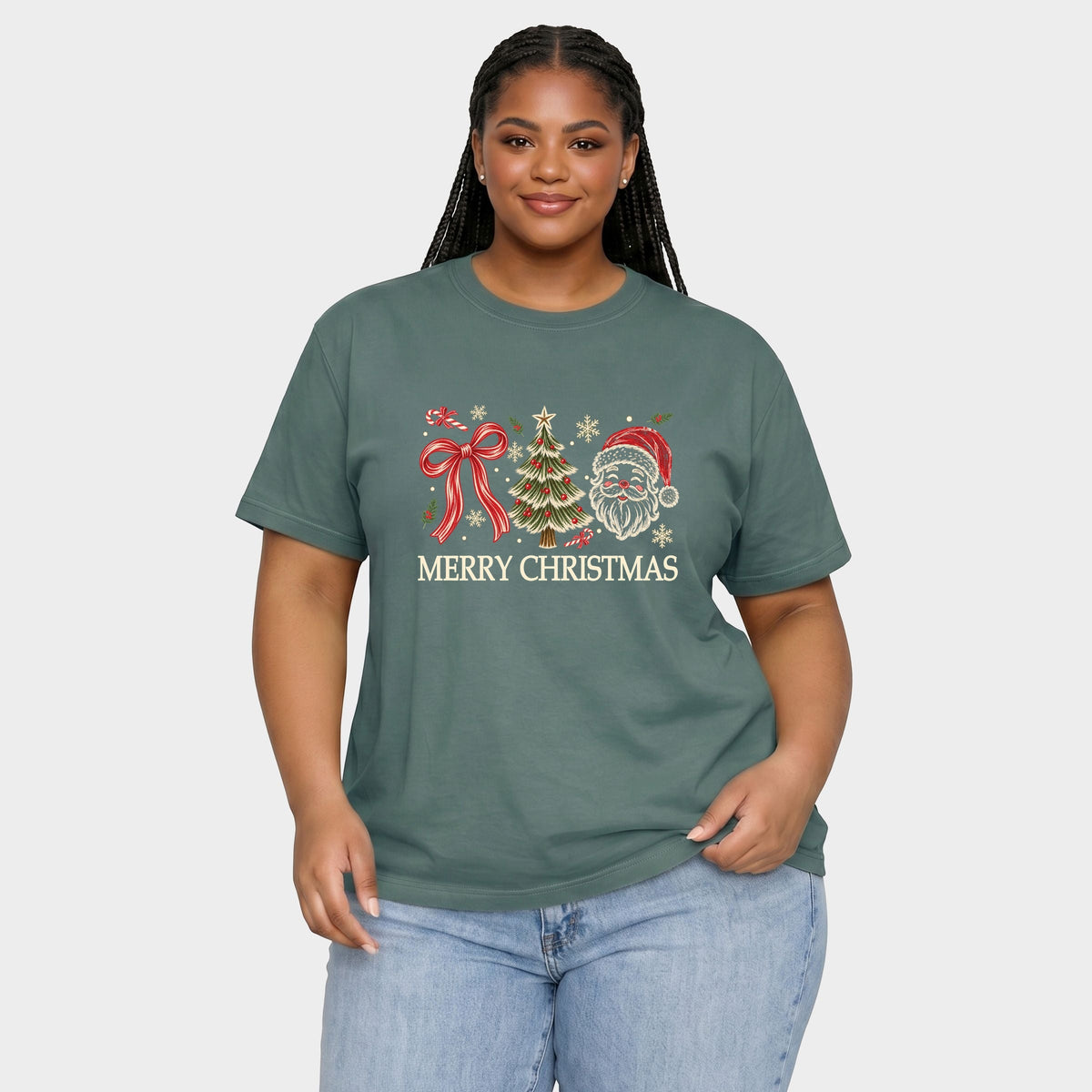 Merry Christmas Bow Tree Santa - Women's Plus Garment Dyed Tee