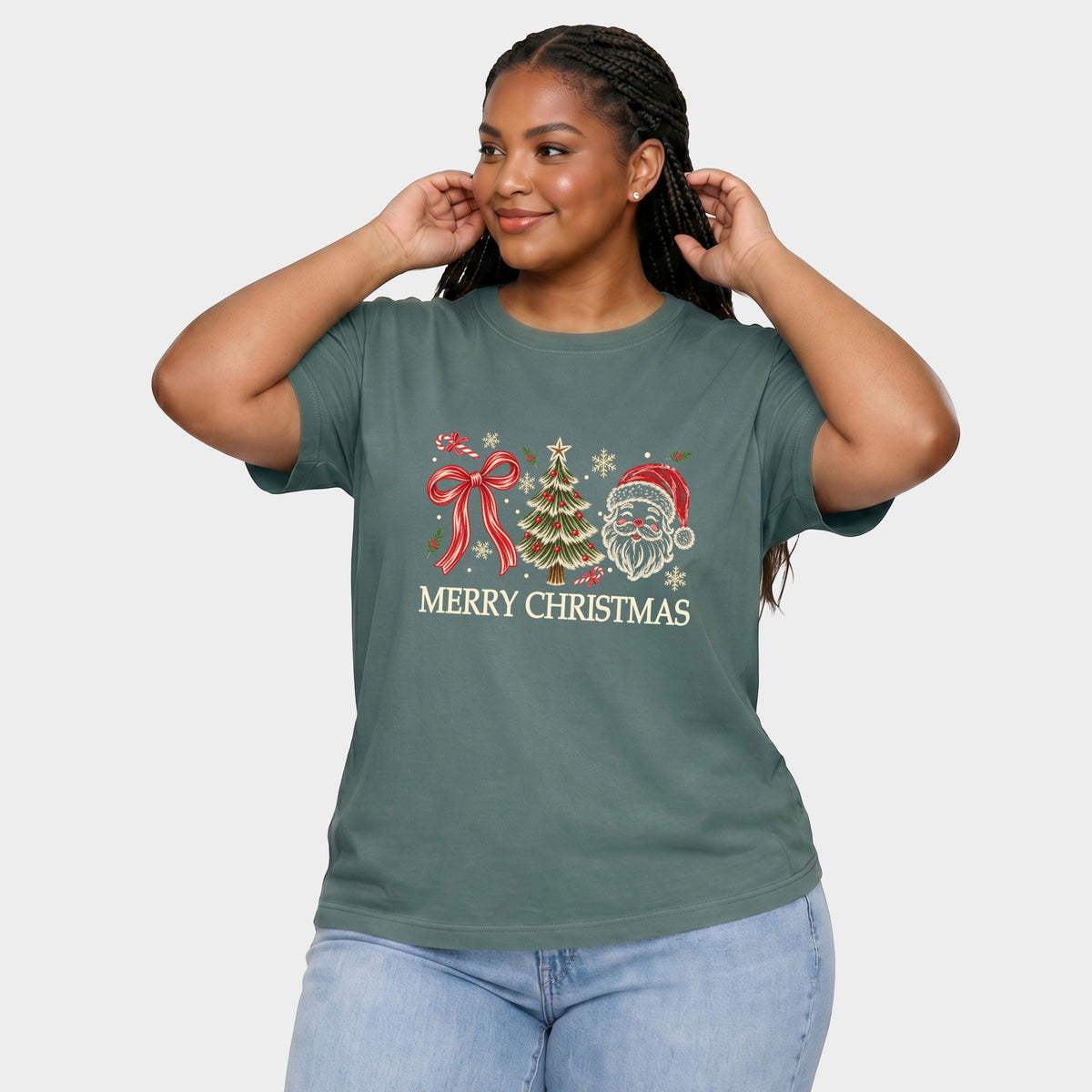 Merry Christmas Bow Tree Santa - Women's Plus Garment Dyed Tee
