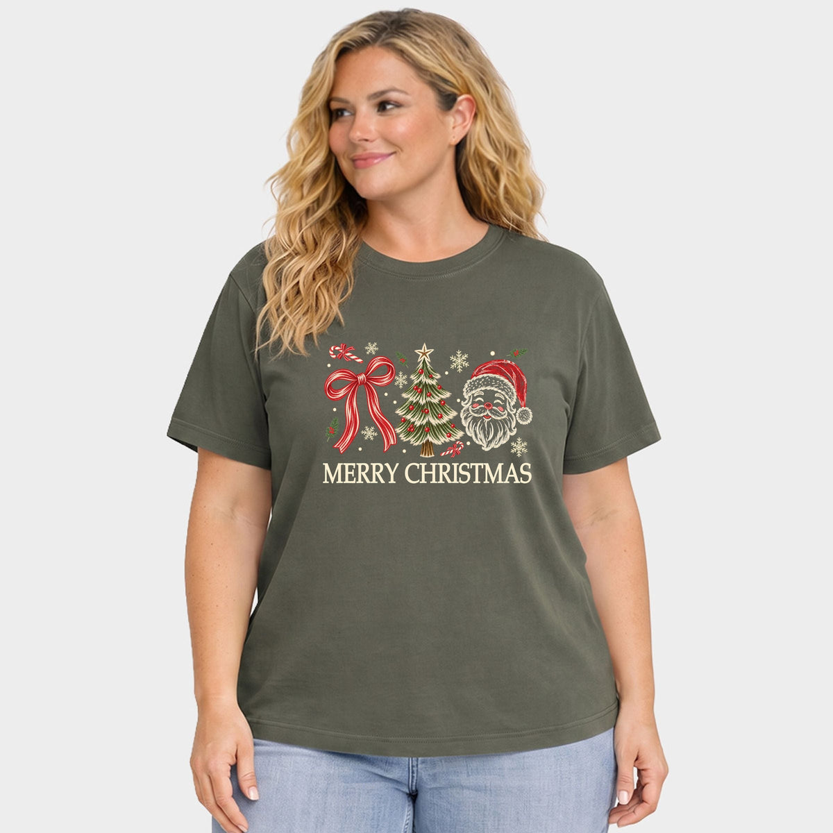 Merry Christmas Bow Tree Santa - Women's Plus Garment Dyed Tee