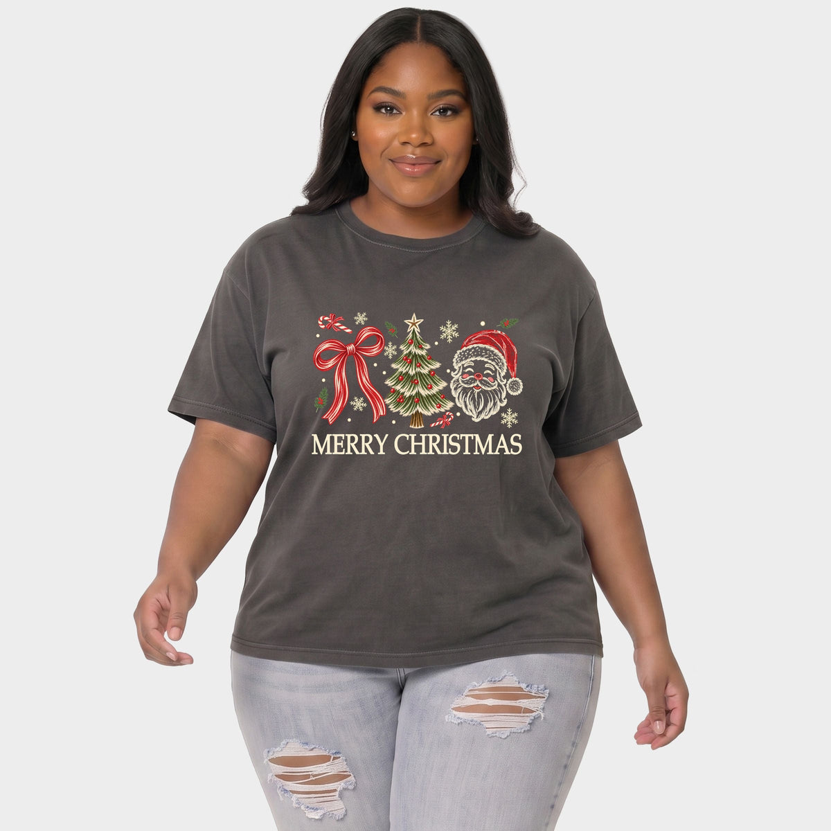 Merry Christmas Bow Tree Santa - Women's Plus Garment Dyed Tee