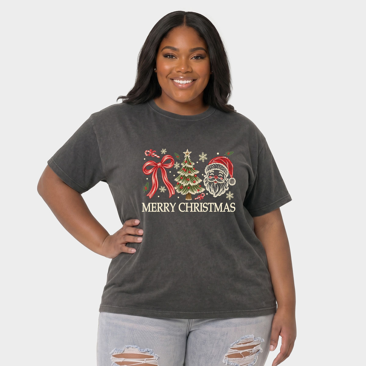 Merry Christmas Bow Tree Santa - Women's Plus Garment Dyed Tee
