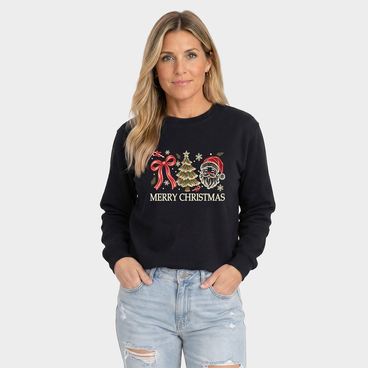 Merry Christmas Bow Tree Santa - Women's Graphic Sweatshirt