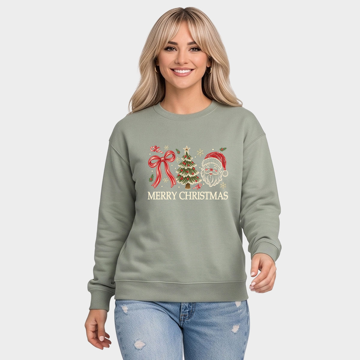 Merry Christmas Bow Tree Santa - Women's Graphic Sweatshirt
