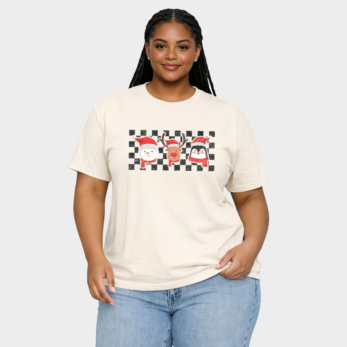 Checkered Christmas Faces - Women's Plus Garment Dyed Tee