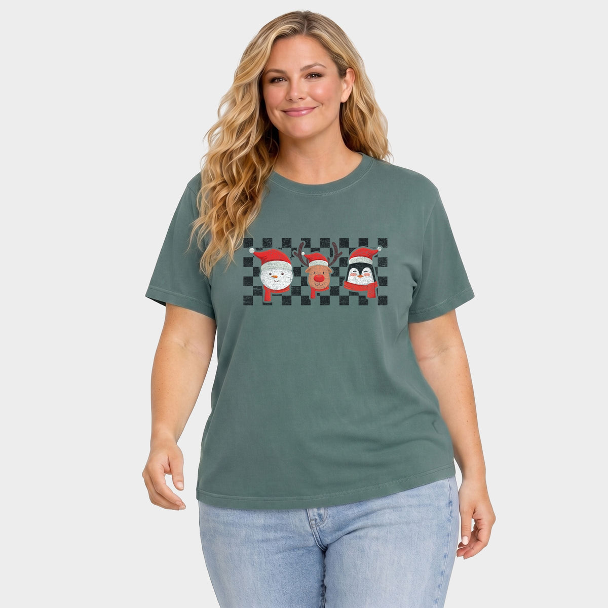 Checkered Christmas Faces - Women's Plus Garment Dyed Tee