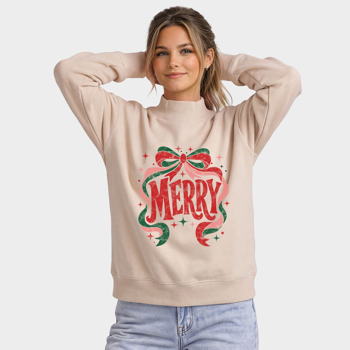Merry Bow Stars - Oversized Mock Sweatshirt