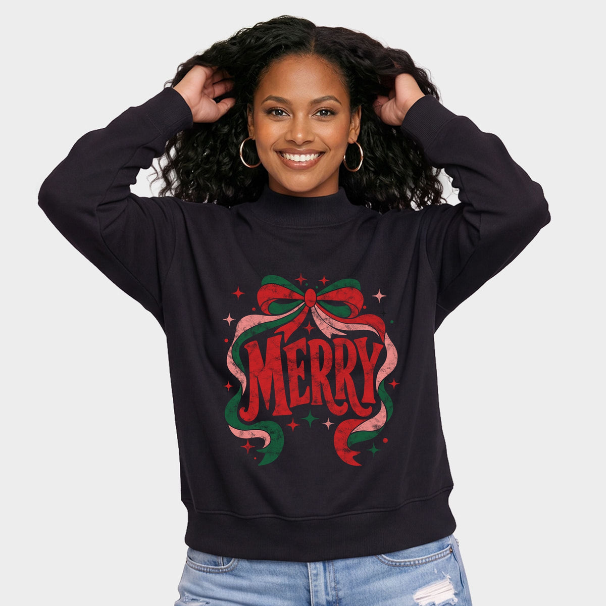 Merry Bow Stars - Oversized Mock Sweatshirt