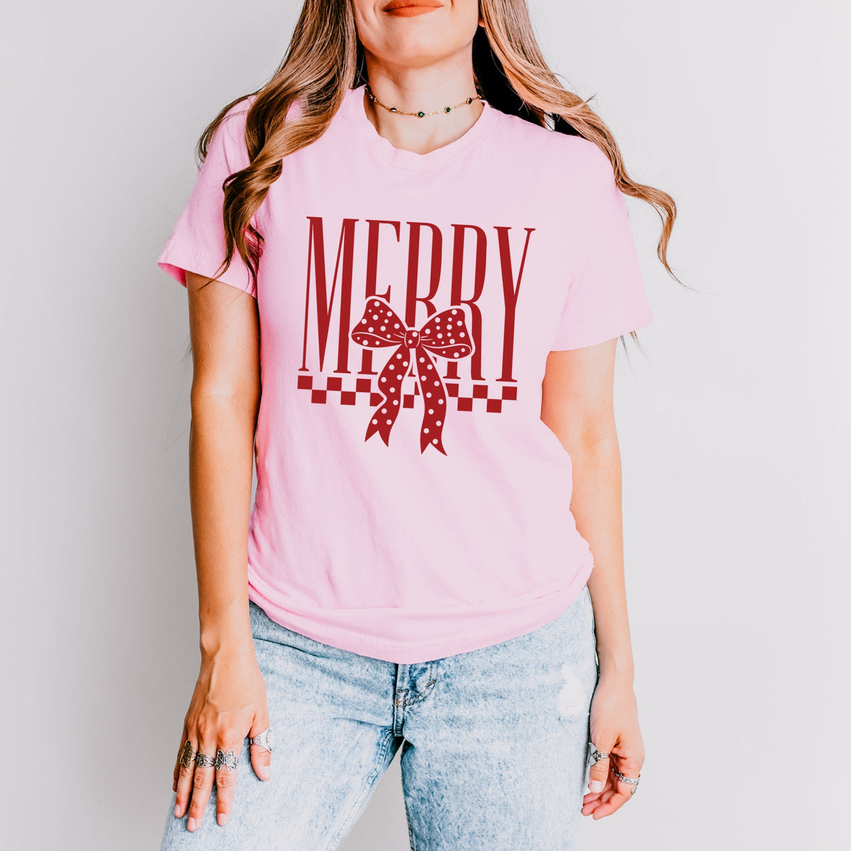 Merry Bow Checkered - Women's Short Sleeve Graphic T-Shirt