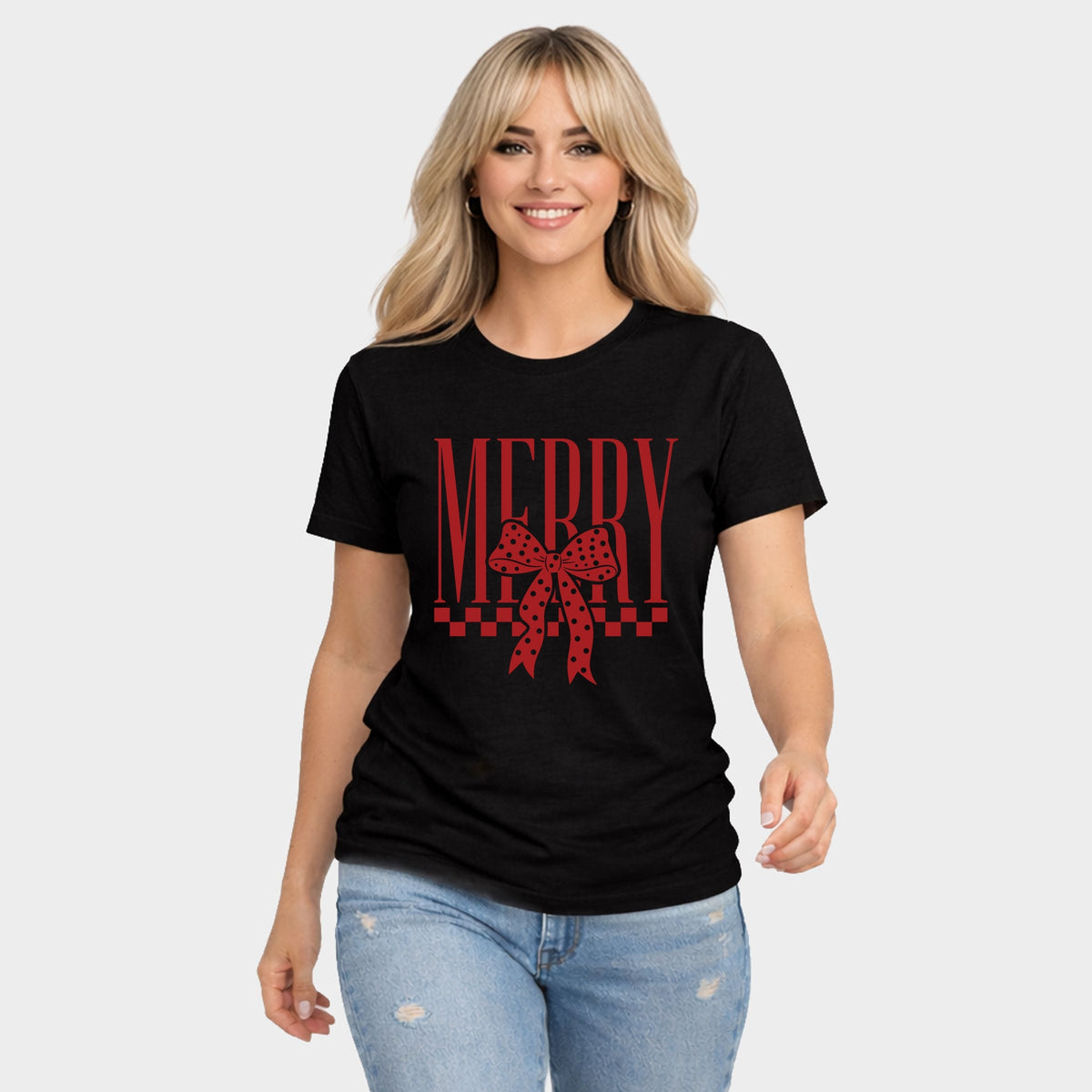 Merry Bow Checkered - Women's Short Sleeve Graphic T-Shirt