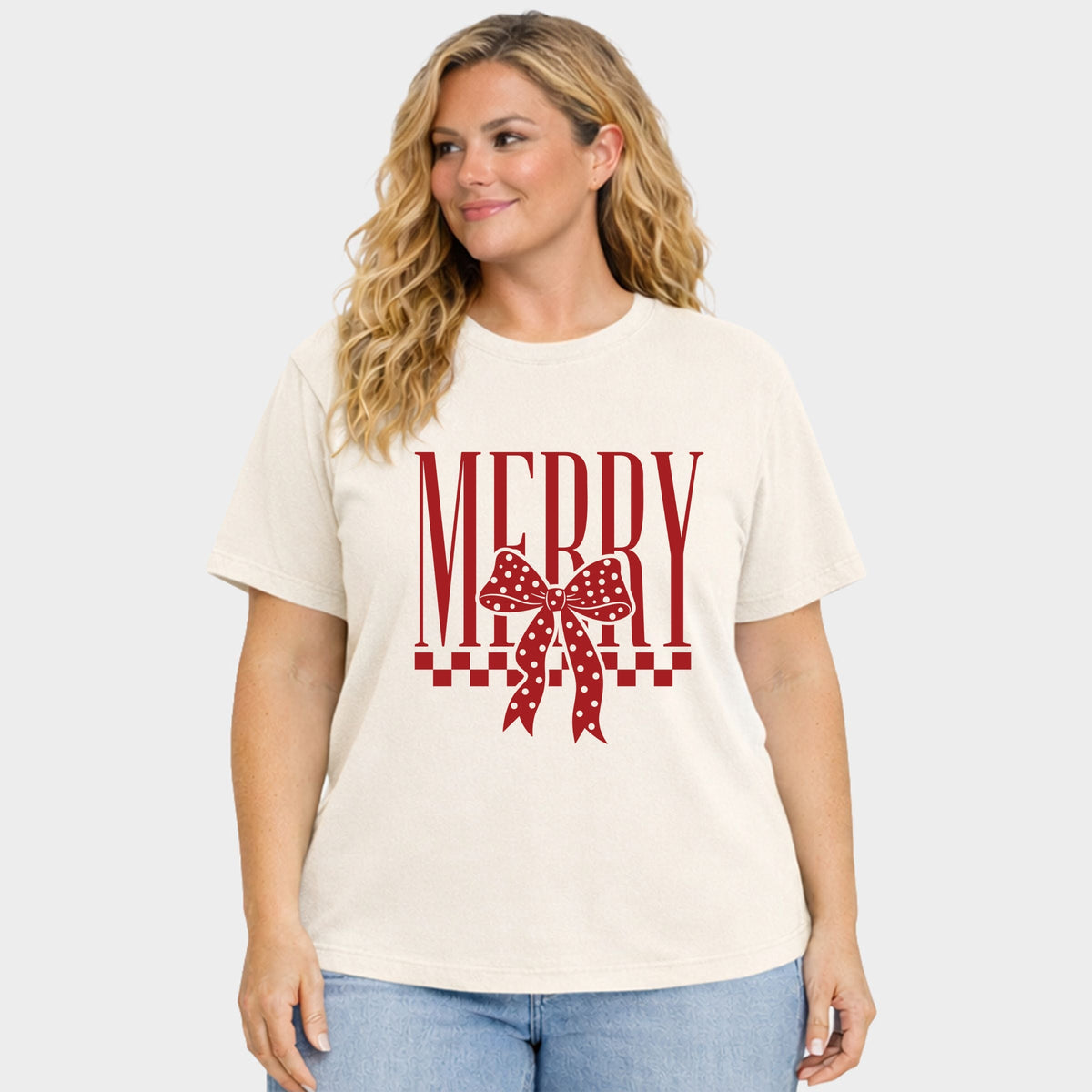 Merry Bow Checkered - Women's Plus Garment Dyed Tee