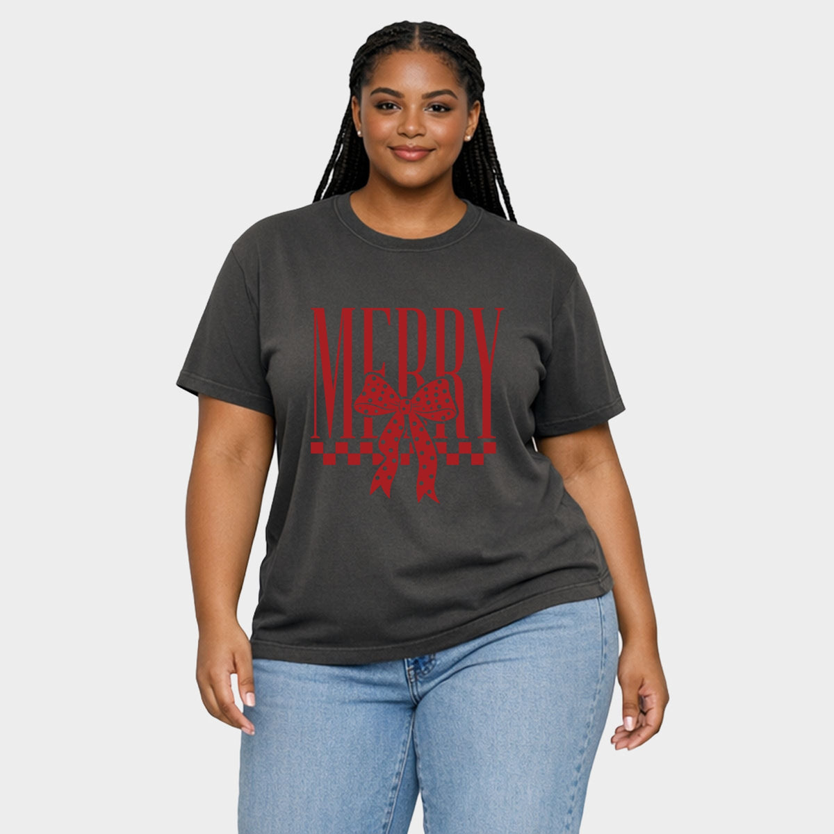 Merry Bow Checkered - Women's Plus Garment Dyed Tee