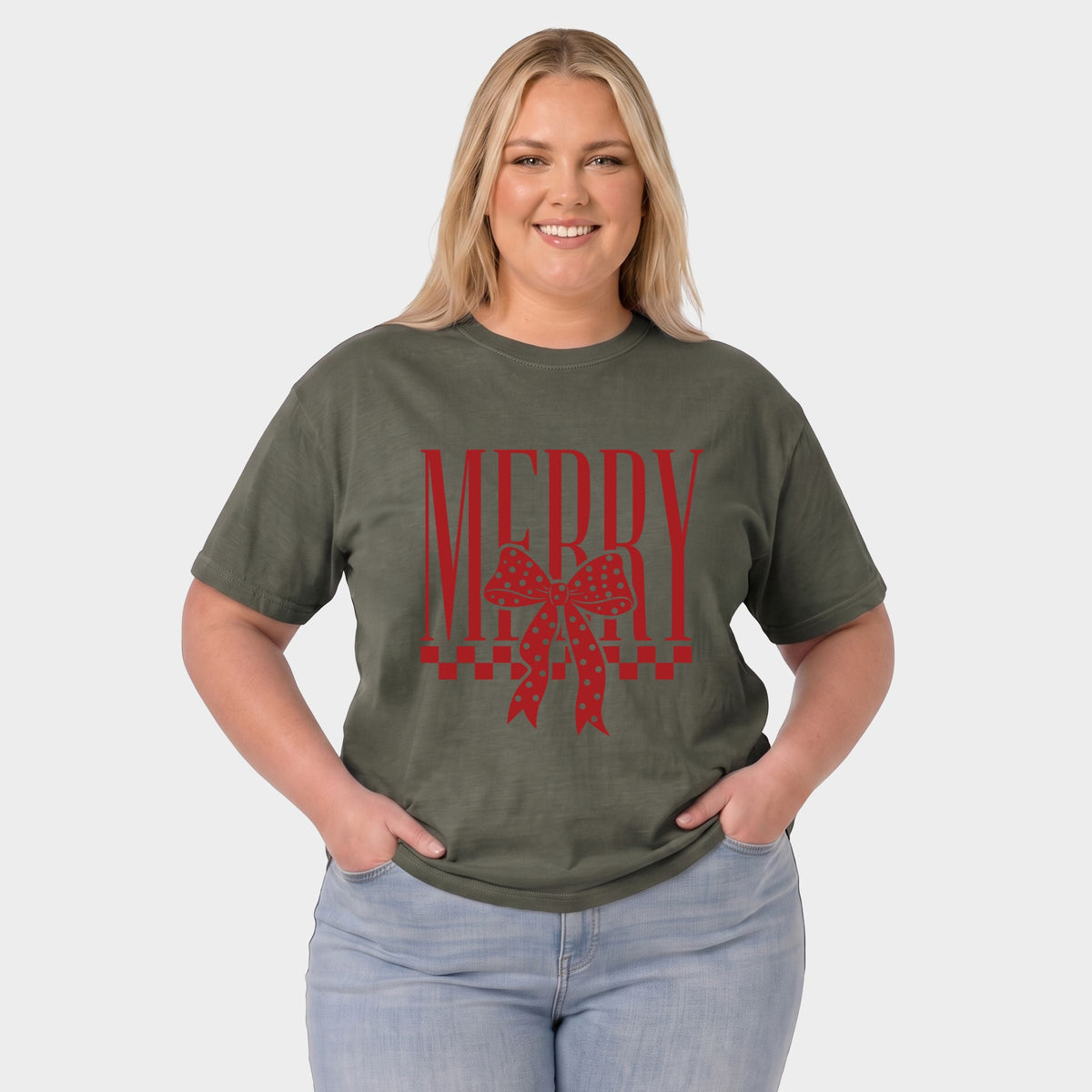 Merry Bow Checkered - Women's Plus Garment Dyed Tee