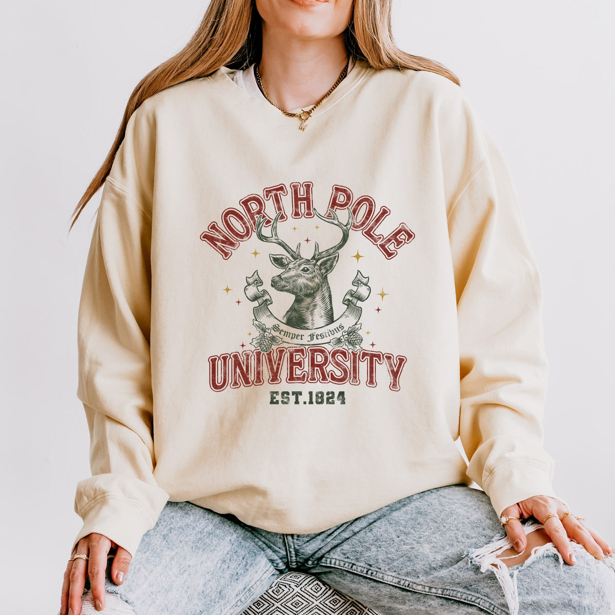 North Pole University Reindeer Stars - Women's Lightweight Garment Dyed Sweatshirt