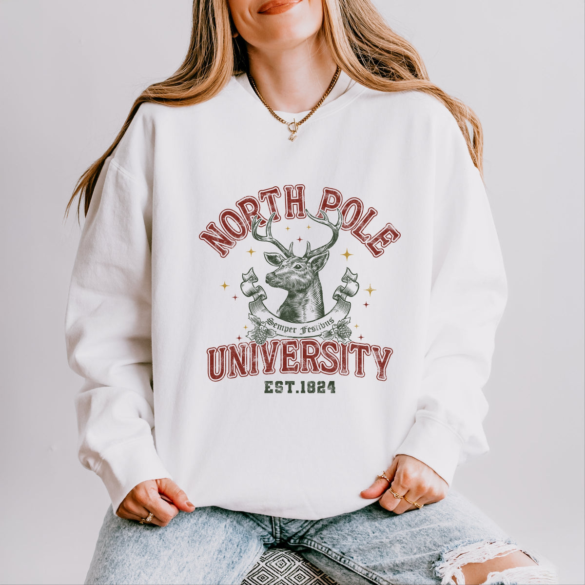 North Pole University Reindeer Stars - Women's Lightweight Garment Dyed Sweatshirt