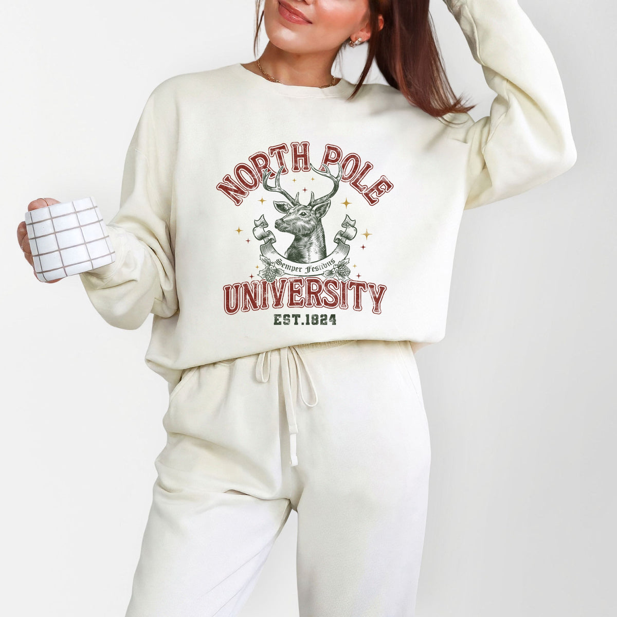 North Pole University Reindeer Stars - Women's Lightweight Garment Dyed Sweatshirt