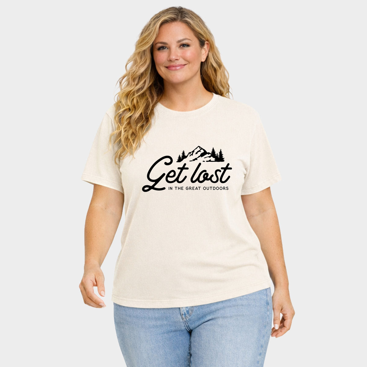 Get Lost In The Great Outdoors - Women's Plus Sized Garment Dyed Graphic T-Shirt