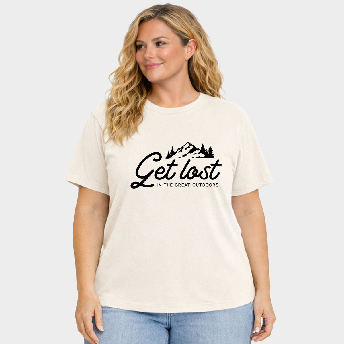 Get Lost In The Great Outdoors - Women's Plus Sized Garment Dyed Graphic T-Shirt