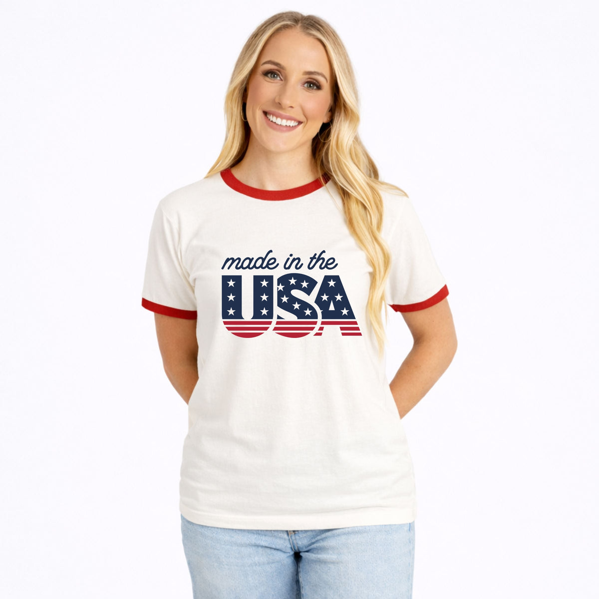Made In The USA Blue - Women's Ringer Graphic T-Shirt