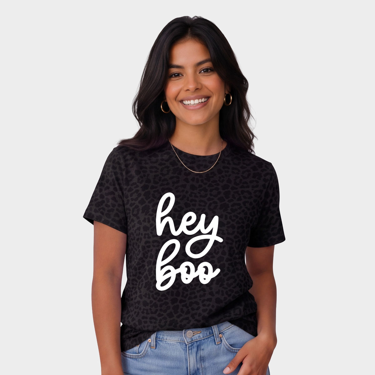 Hey Boo Cursive Puff Print - Women's Leopard Print Tee