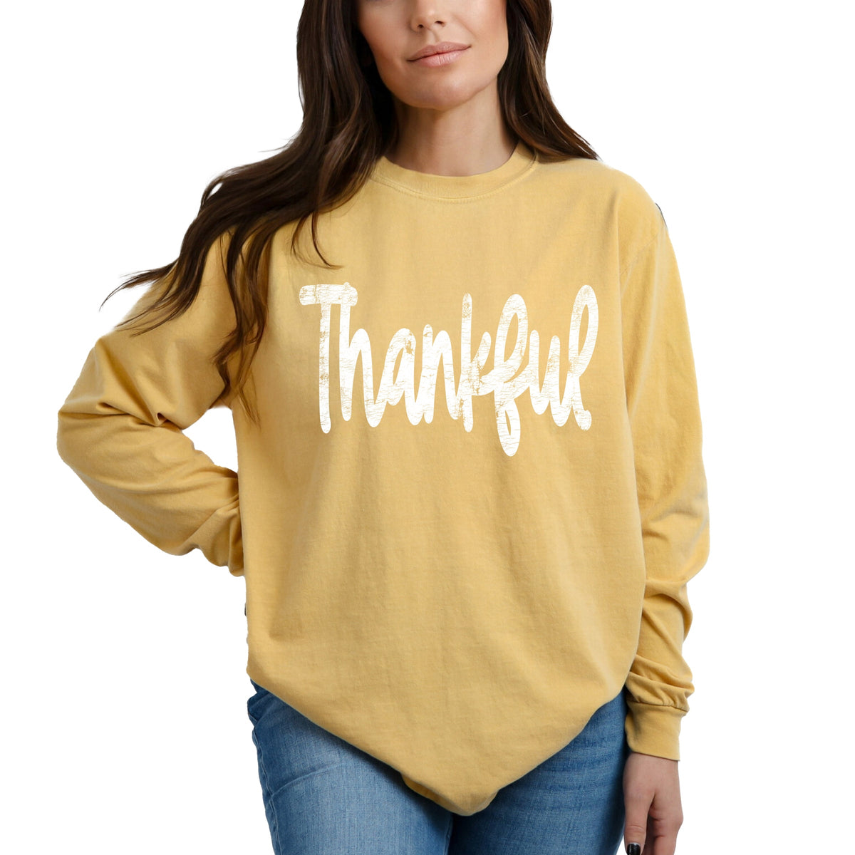 Thankful Cursive Distressed - Women's Garment Dyed Long Sleeve Graphic T-Shirt