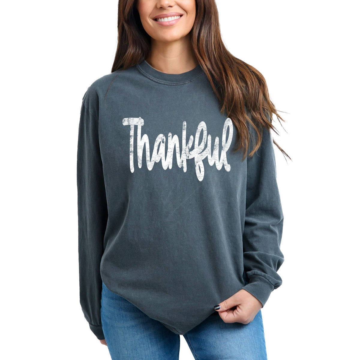 Thankful Cursive Distressed - Women's Garment Dyed Long Sleeve Graphic T-Shirt