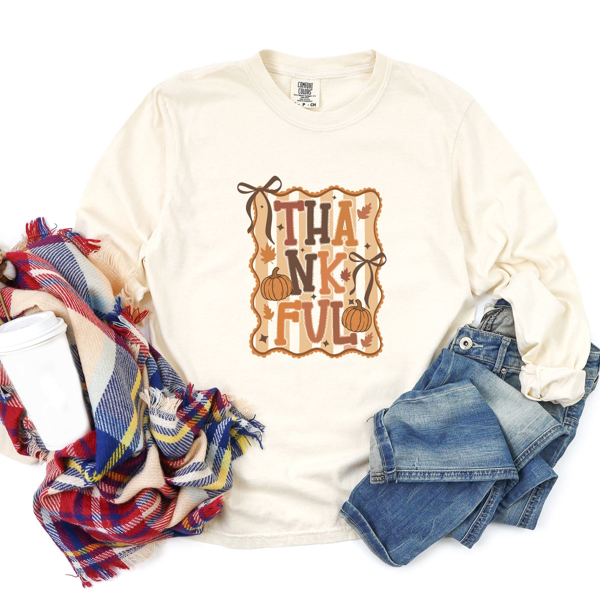 Coquette Thankful Stripes - Women's Garment Dyed Long Sleeve Graphic T-Shirt