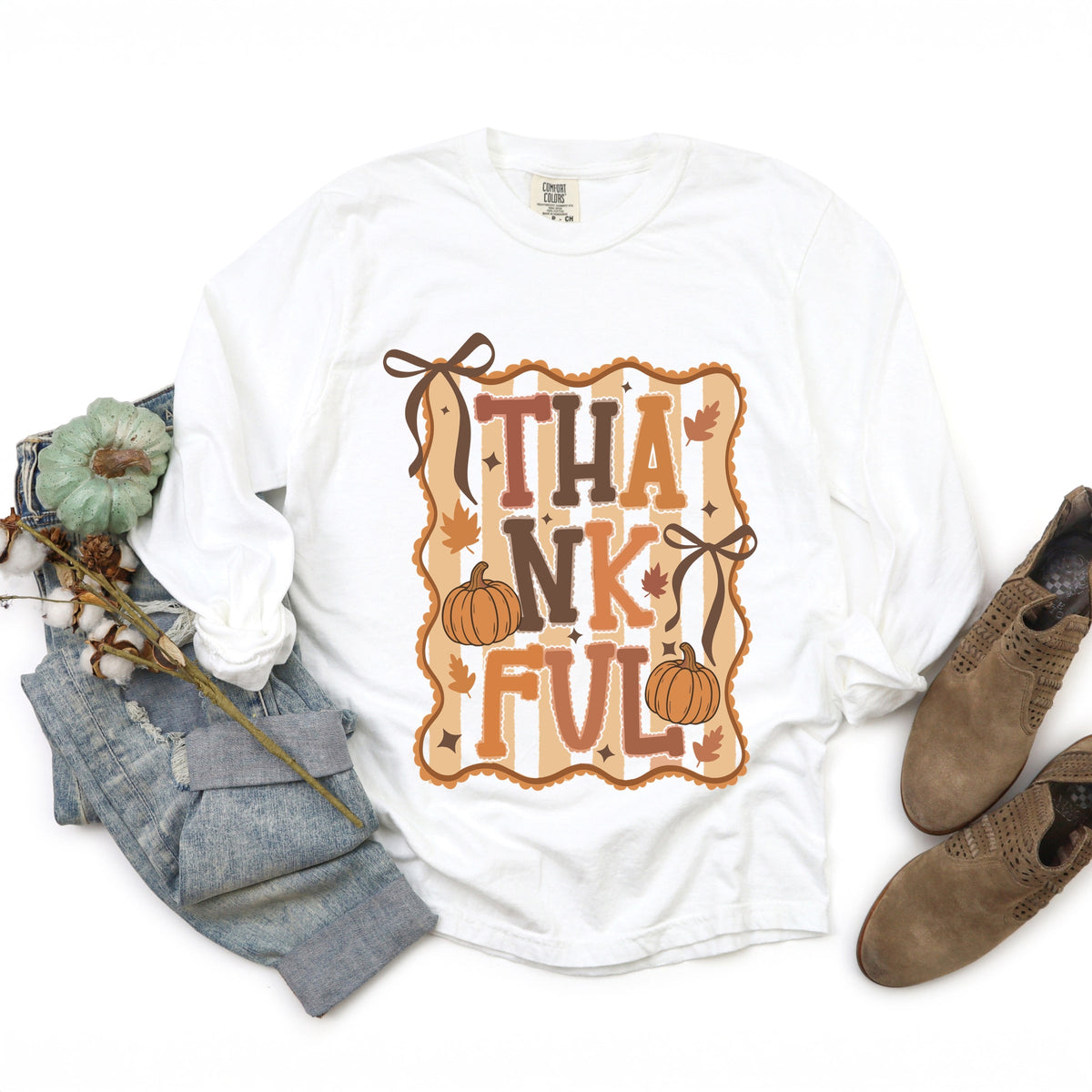 Coquette Thankful Stripes - Women's Garment Dyed Long Sleeve Graphic T-Shirt
