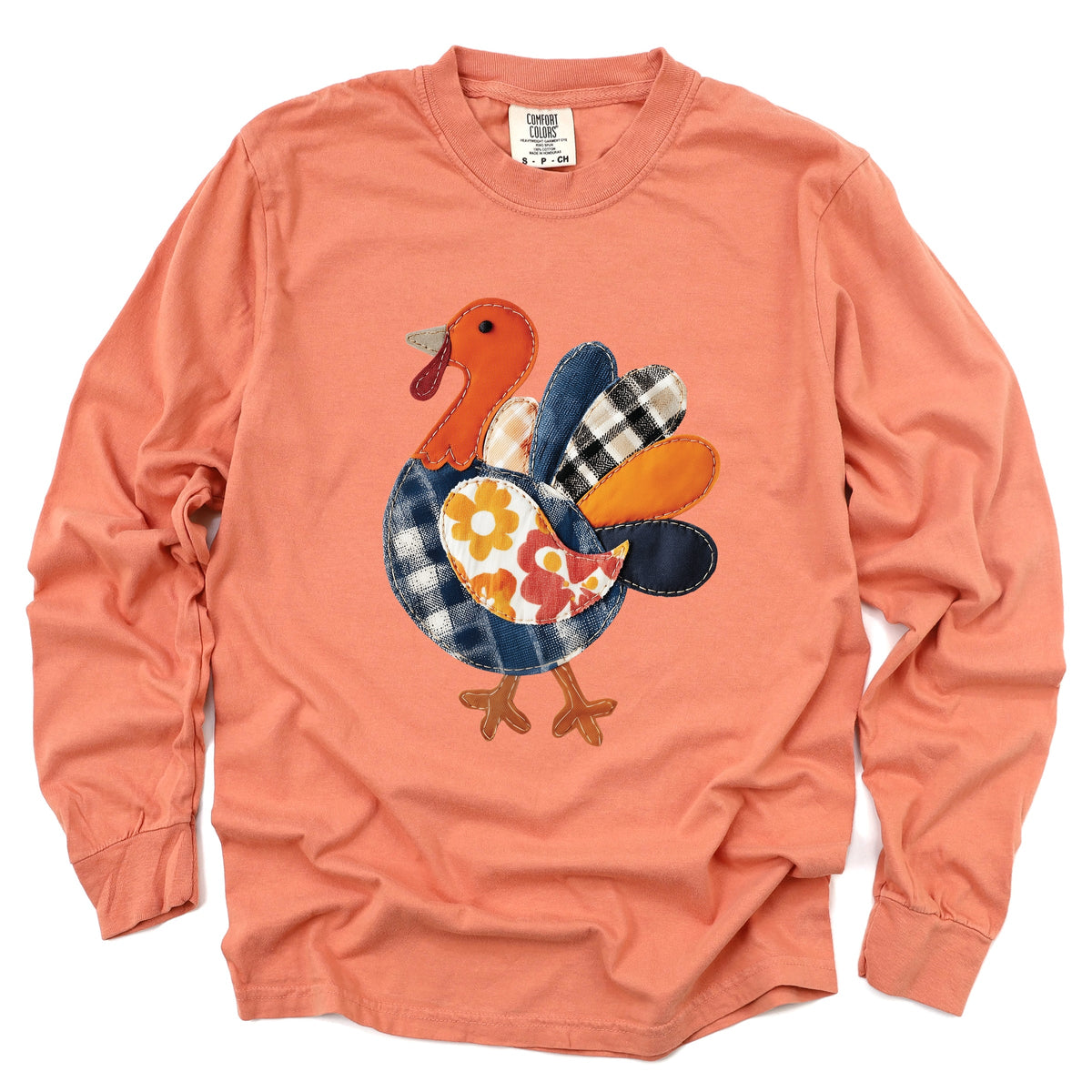 Plaid Turkey Patchwork Print - Women's Garment Dyed Long Sleeve Graphic T-Shirt