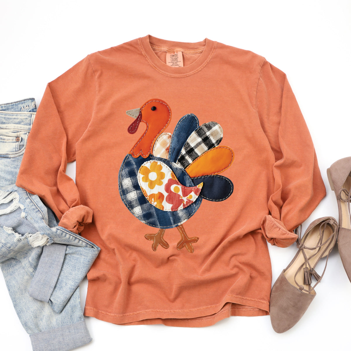 Plaid Turkey Patchwork Print - Women's Garment Dyed Long Sleeve Graphic T-Shirt