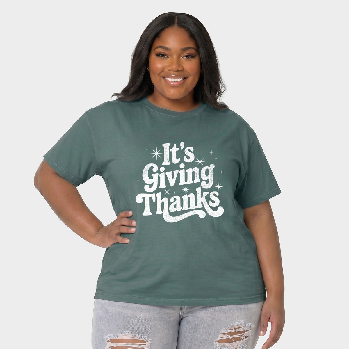Its Giving Thanks - Women's Plus Sized Garment Dyed Graphic T-Shirt