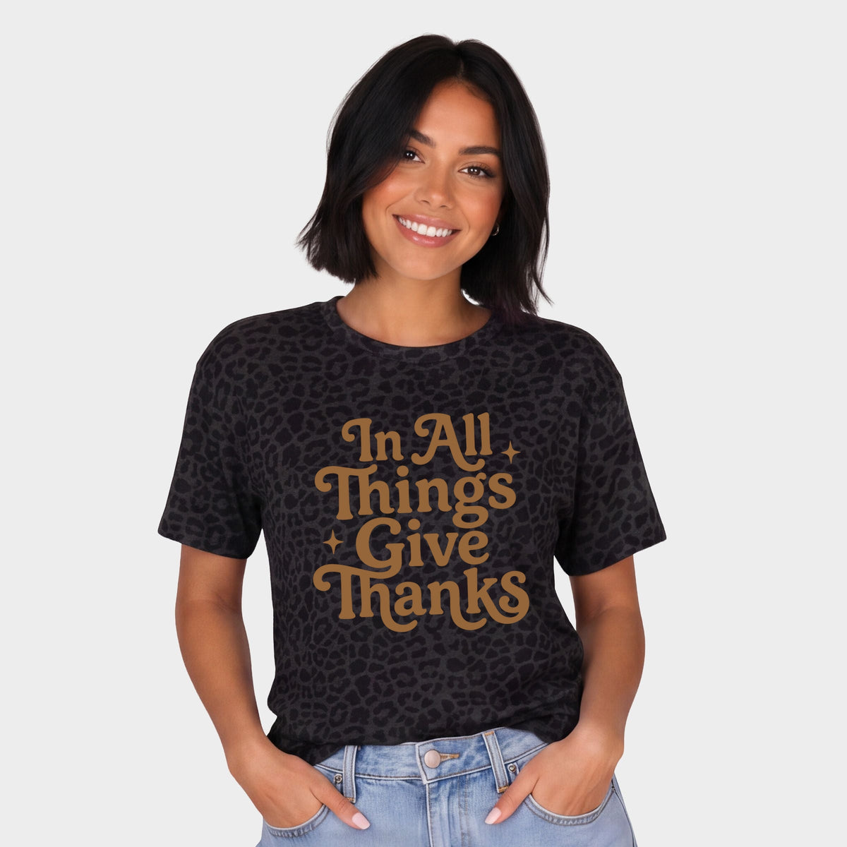 In All Things Give Thanks Stars - Women's Leopard Print Tee