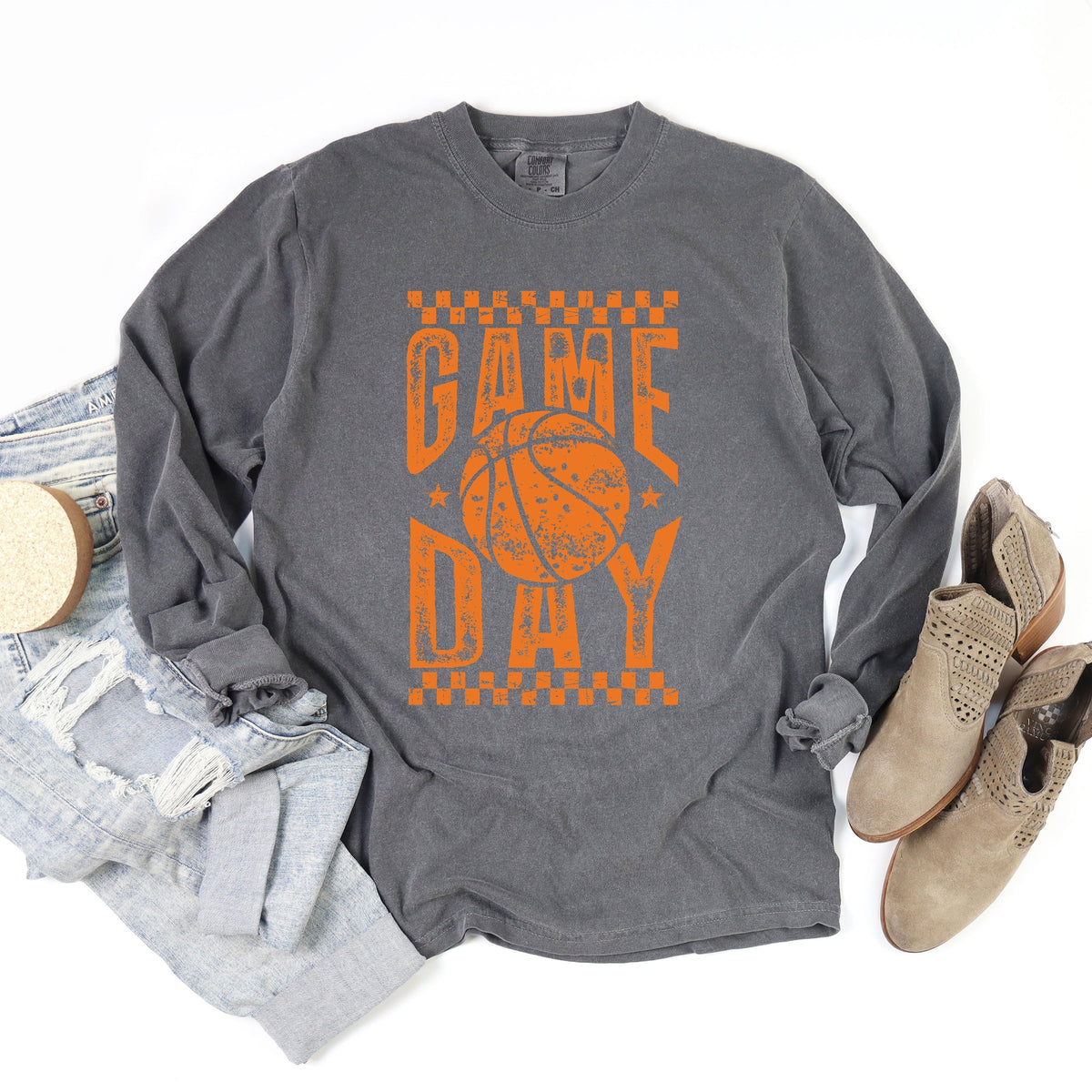 Basketball Game Day Checkered Distressed - Women's Garment Dyed Long Sleeve Graphic T-Shirt
