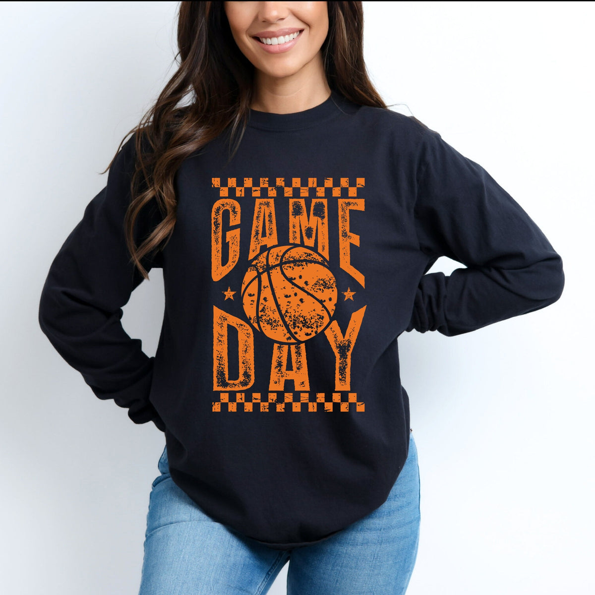 Basketball Game Day Checkered Distressed - Women's Garment Dyed Long Sleeve Graphic T-Shirt