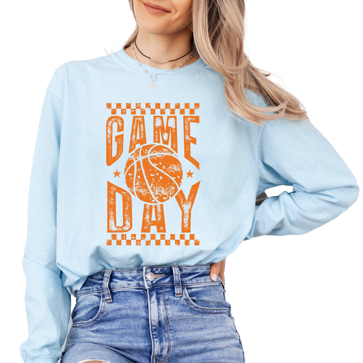 Basketball Game Day Checkered Distressed - Women's Garment Dyed Long Sleeve Graphic T-Shirt