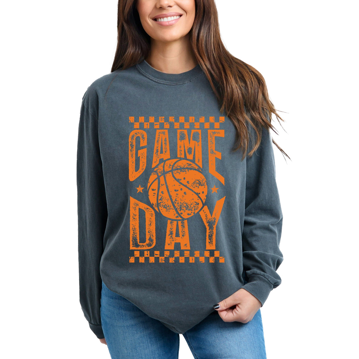 Basketball Game Day Checkered Distressed - Women's Garment Dyed Long Sleeve Graphic T-Shirt
