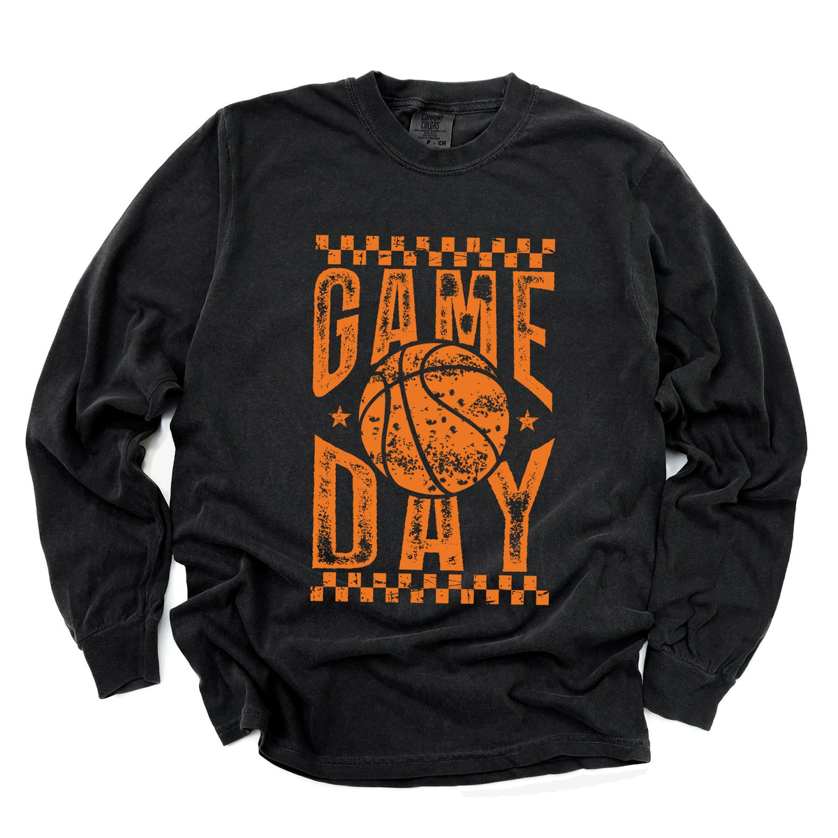 Basketball Game Day Checkered Distressed - Women's Garment Dyed Long Sleeve Graphic T-Shirt