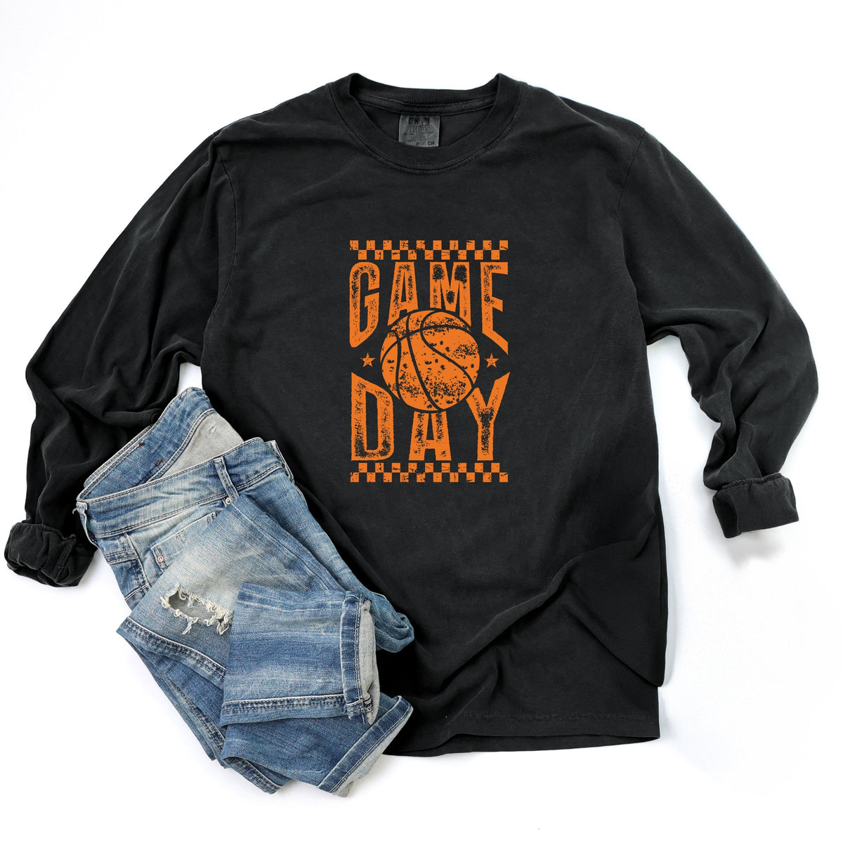 Basketball Game Day Checkered Distressed - Women's Garment Dyed Long Sleeve Graphic T-Shirt