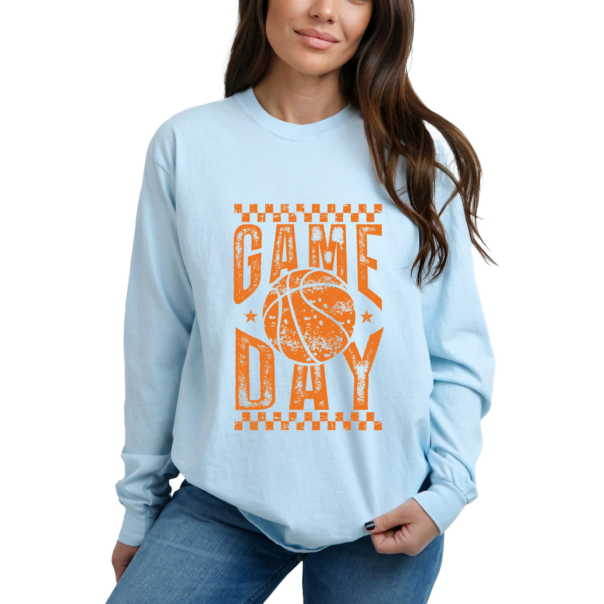Basketball Game Day Checkered Distressed - Women's Garment Dyed Long Sleeve Graphic T-Shirt